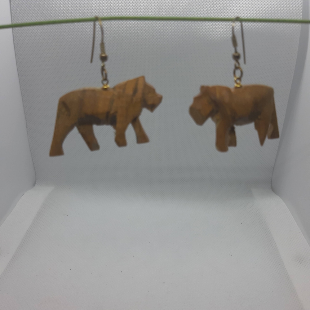 VINTAGE WOODEN HAND CARVED LION EARRINGS